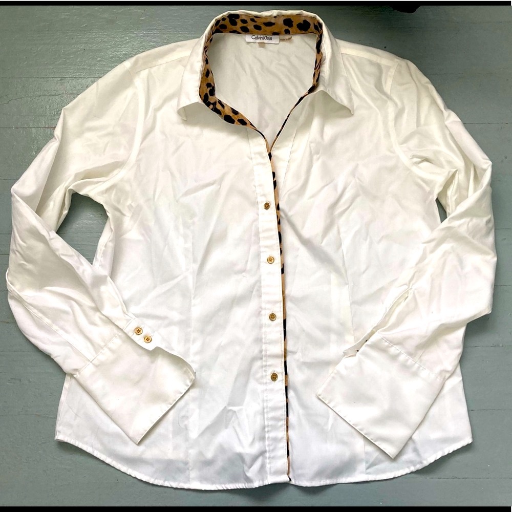 Calvin Klein classic white button down with leopard print trim